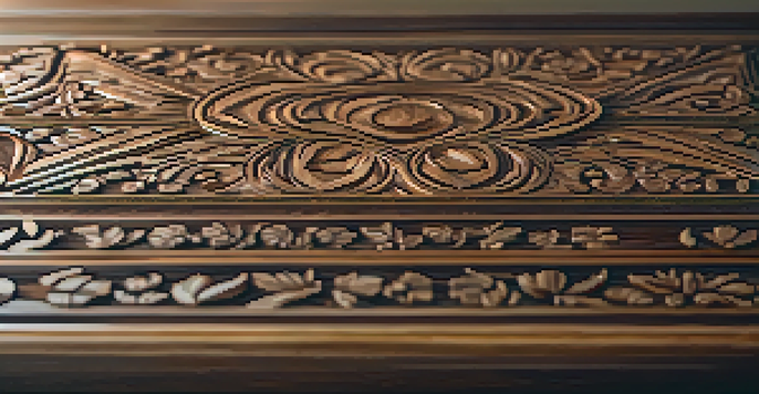 A close-up view of a wooden tabletop with detailed floral relief carvings, illuminated by warm lighting, in a softly blurred living room setting.
