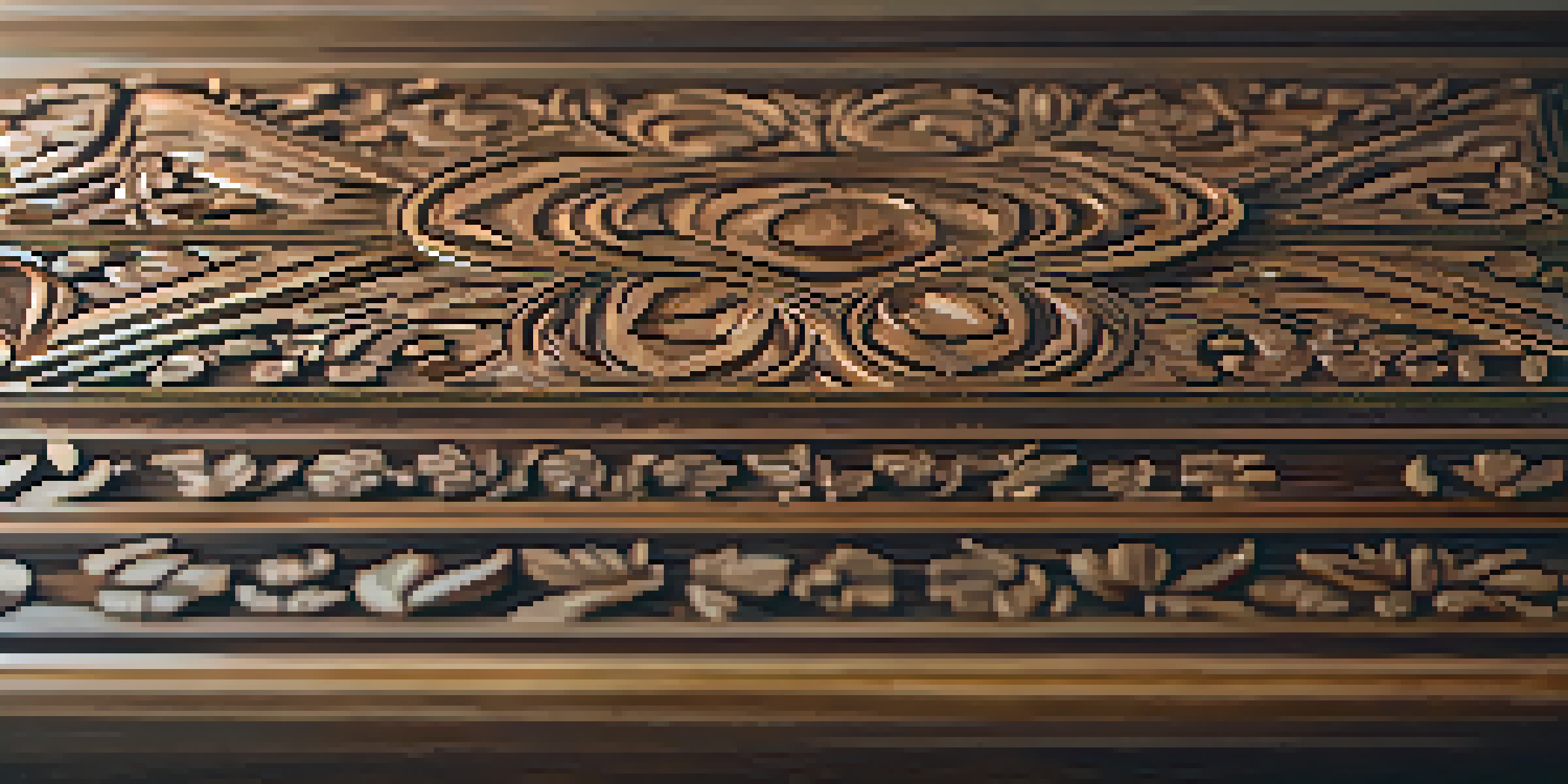 A close-up view of a wooden tabletop with detailed floral relief carvings, illuminated by warm lighting, in a softly blurred living room setting.