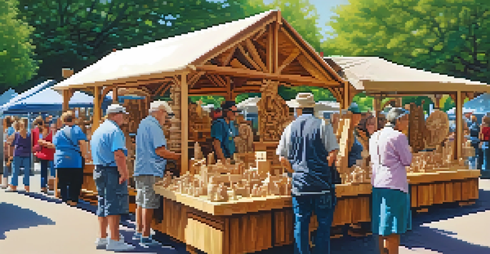 A lively craft fair with artisans displaying wooden carvings, customers interacting, and natural light illuminating the scene.