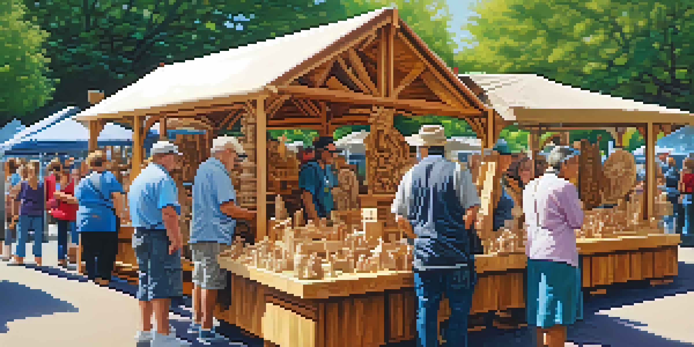 A lively craft fair with artisans displaying wooden carvings, customers interacting, and natural light illuminating the scene.