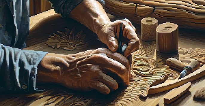 A close-up of an artisan's hands carving a wooden sculpture in a well-lit workshop, surrounded by tools and wood shavings.