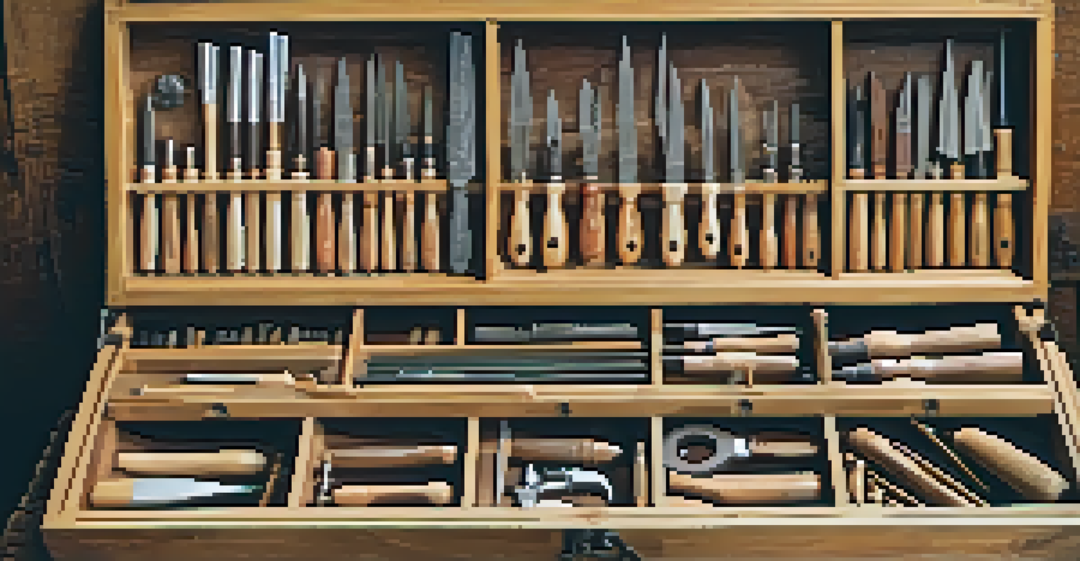 A wooden storage box filled with neatly arranged carving tools on a rustic table in a creative workshop.