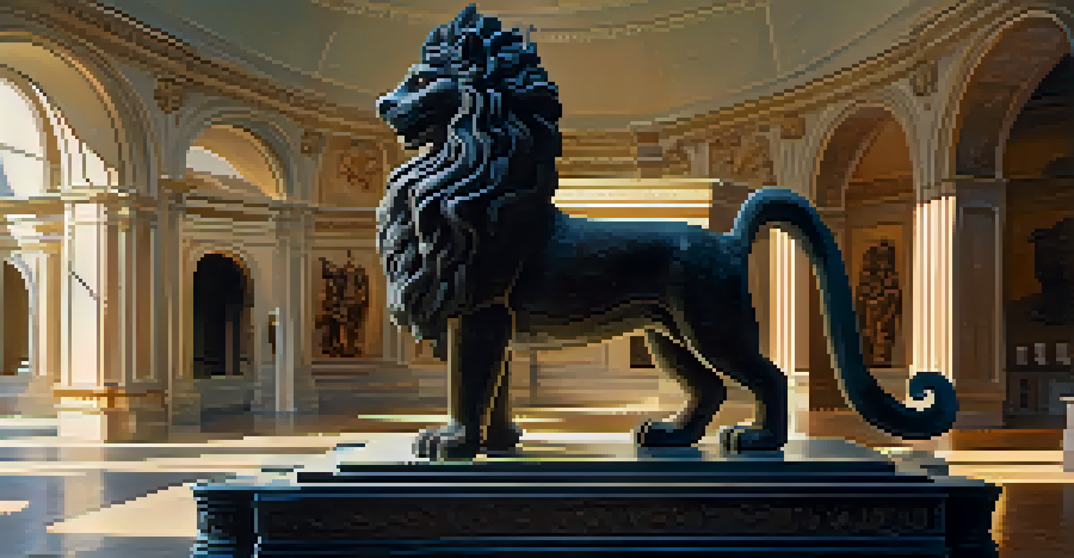 A stone sculpture of a mythical creature in a sunlit gallery, with shadows enhancing the carved details.