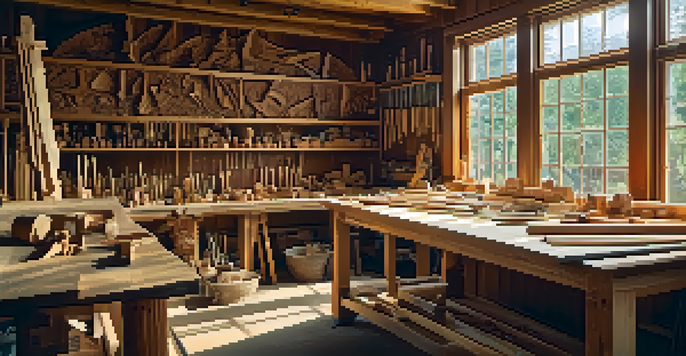 A bright woodworking studio with carving tools on a workbench and a wooden sculpture being crafted.