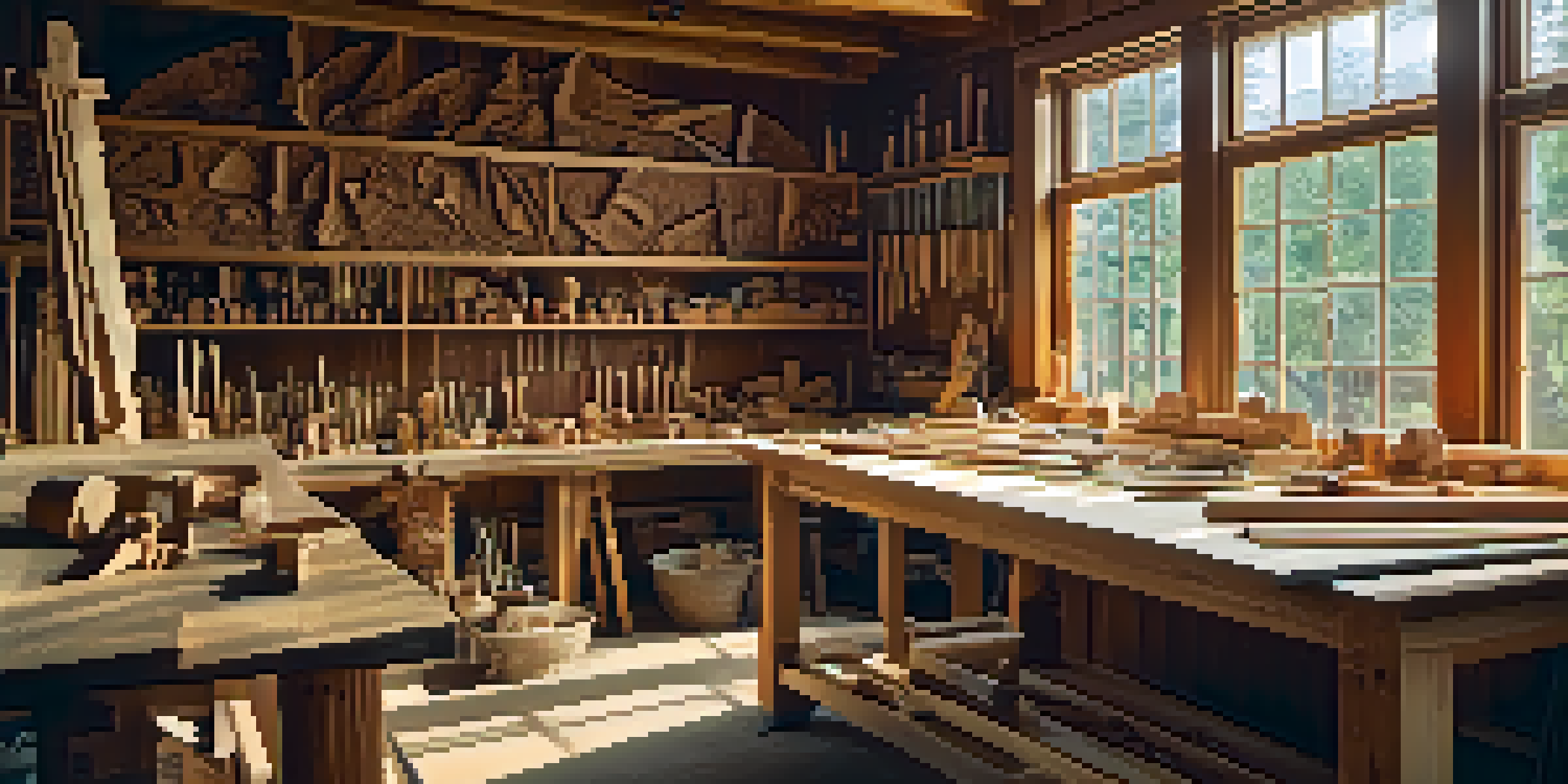 A bright woodworking studio with carving tools on a workbench and a wooden sculpture being crafted.