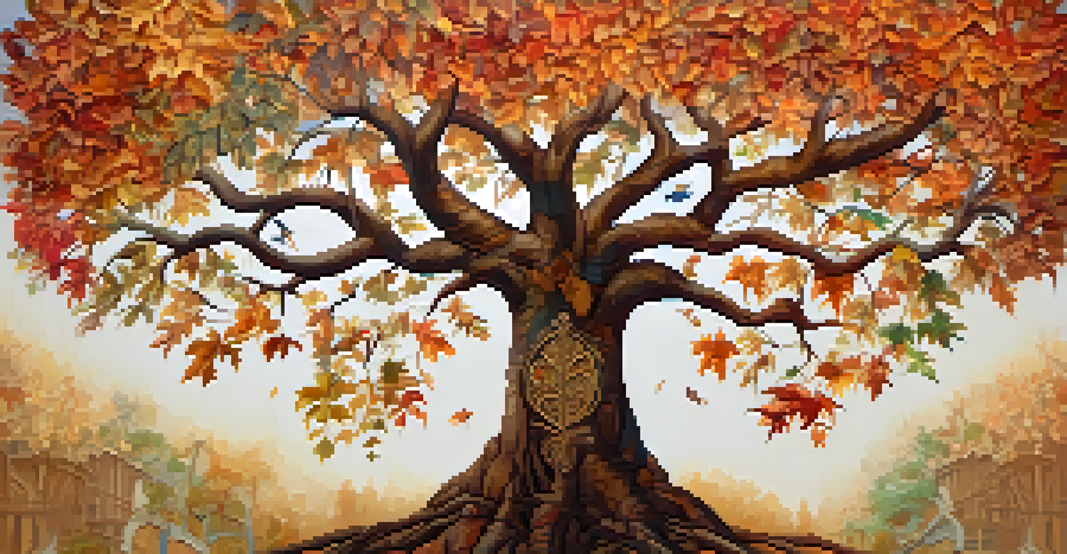 A vibrant painting of a family tree with colorful leaves representing family members, set against a warm background symbolizing unity.
