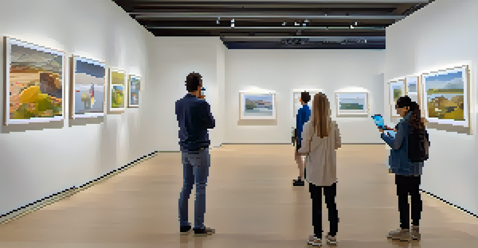 A modern art gallery featuring augmented reality sculptures, with visitors interacting with the artwork using smartphones, illuminated by soft lighting.