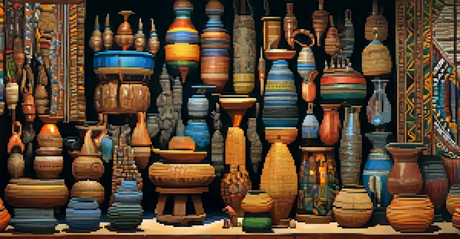 A market scene displaying colorful African carvings of animals, with vibrant stalls and textured fabrics in a lively atmosphere.