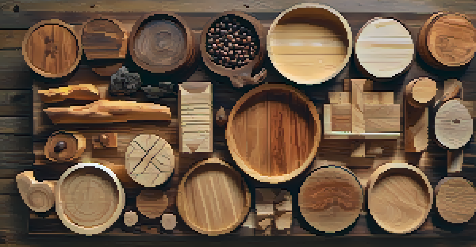 Various types of wood on a table, showcasing the textures and colors with labels for each type.