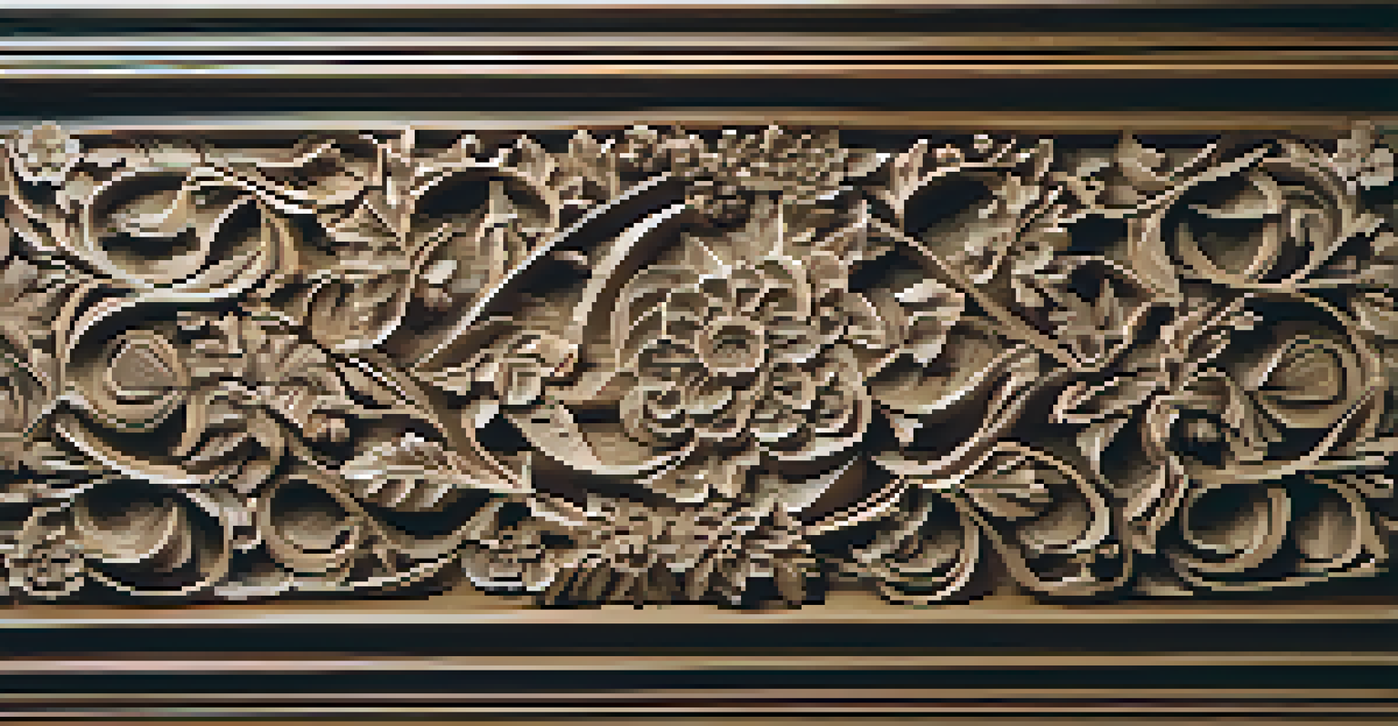 Intricate relief-carved wooden panel with floral designs, illuminated to highlight depth and craftsmanship against a neutral background.