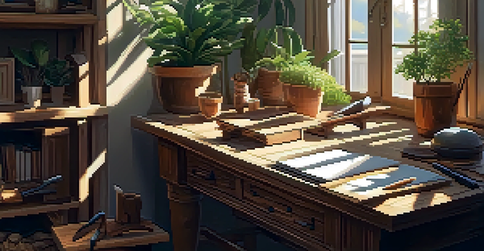 A bright and organized carving workspace with tools, plants, and finished wooden pieces under soft sunlight.