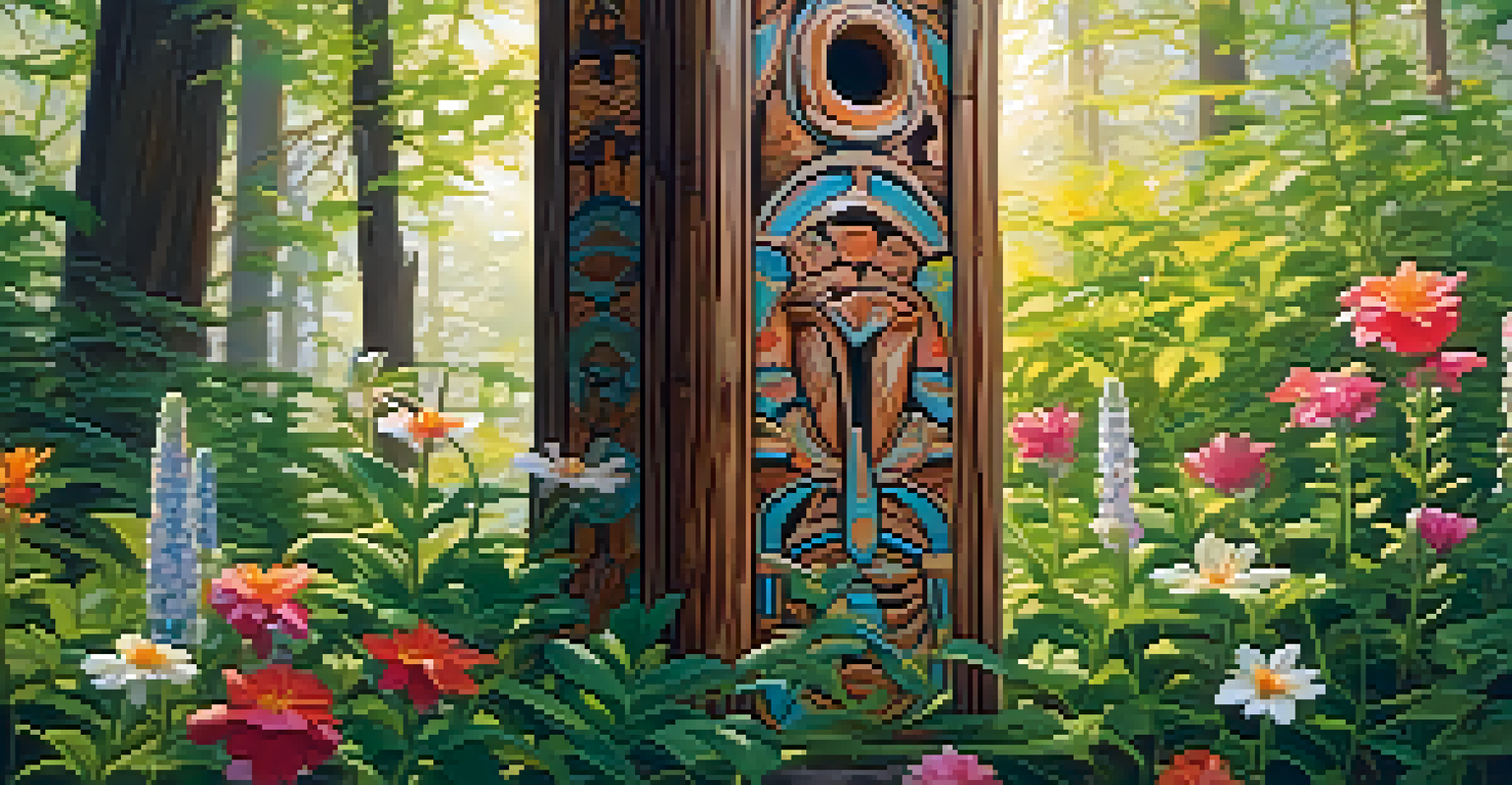 A detailed close-up of a wooden totem with cultural carvings, surrounded by colorful wildflowers and textured leaves, illuminated by dappled sunlight.