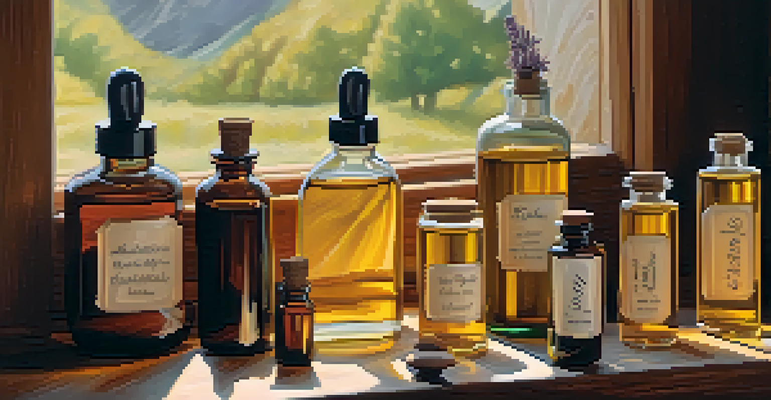 A display of natural oils and wooden carvings, with bottles of linseed, tung, and jojoba oils in a sunlit setting.
