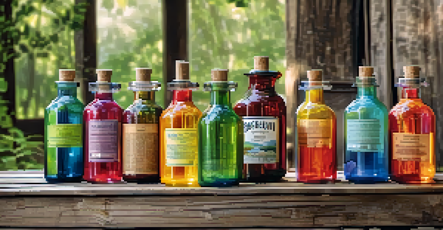 A collection of synthetic dye bottles on a rustic wooden table, surrounded by greenery in an outdoor setting.