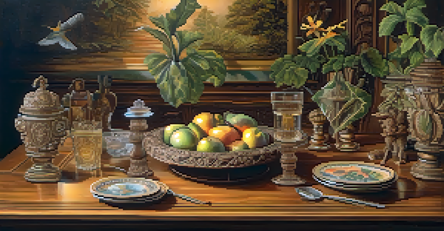 An antique wooden table with detailed carvings of nature scenes, surrounded by vintage decor in a softly lit room.