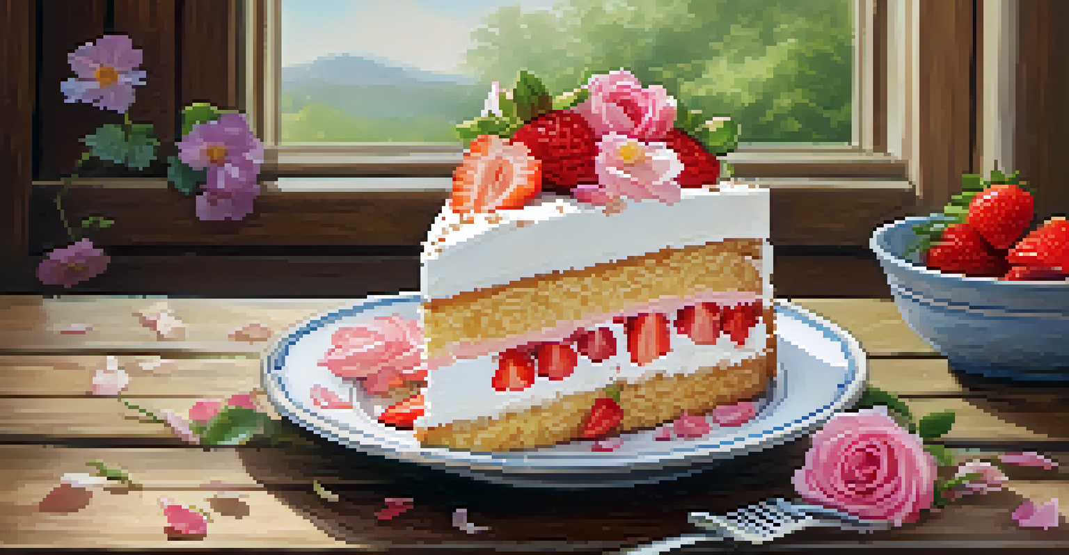A slice of strawberry shortcake garnished with fresh rose petals and edible flowers on a rustic wooden table, illuminated by natural light.