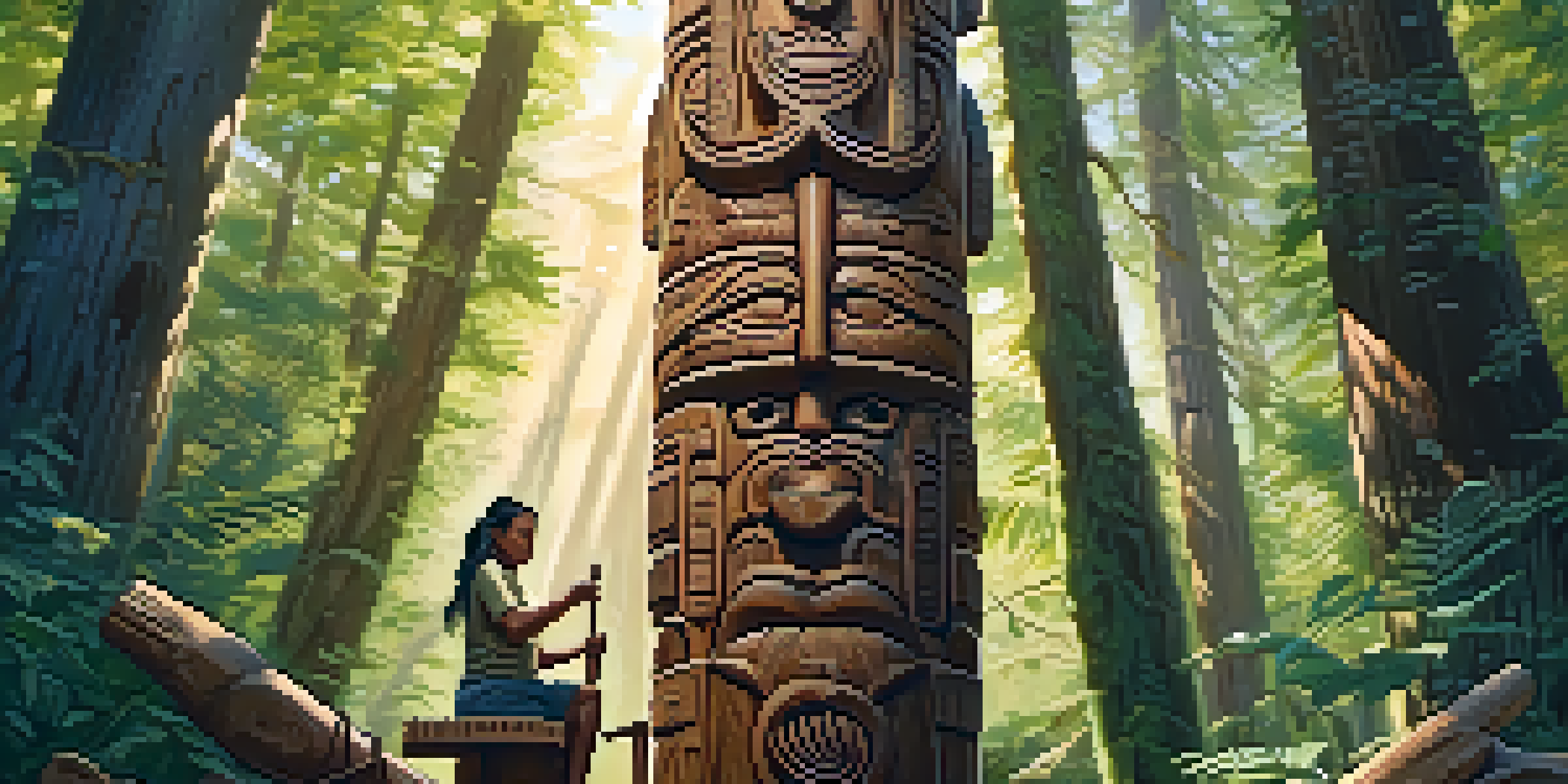 An Indigenous artisan carving a wooden totem pole in a forest, with tools and detailed patterns visible in the wood.
