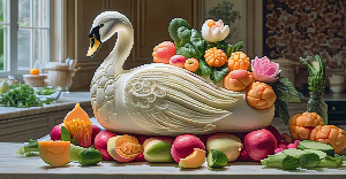 A beautifully carved cantaloupe swan surrounded by radish and cucumber flowers in a softly lit kitchen.