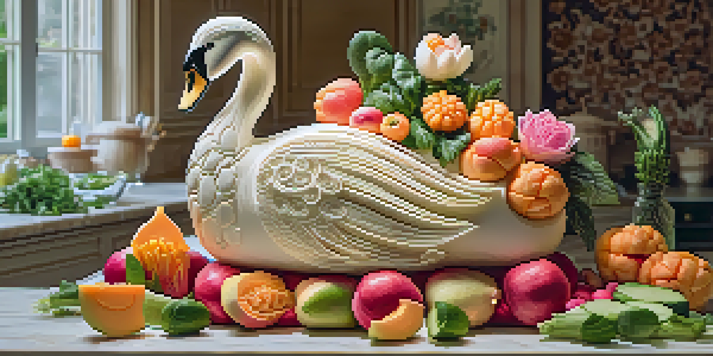 A beautifully carved cantaloupe swan surrounded by radish and cucumber flowers in a softly lit kitchen.