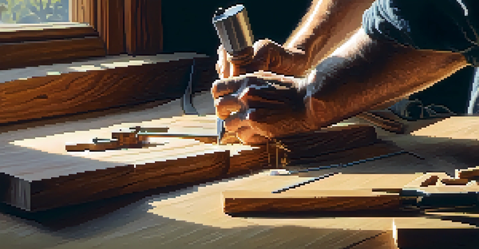 A woodworker using a rotary tool on a carved piece of wood, with intricate designs and a well-lit workshop in the background.