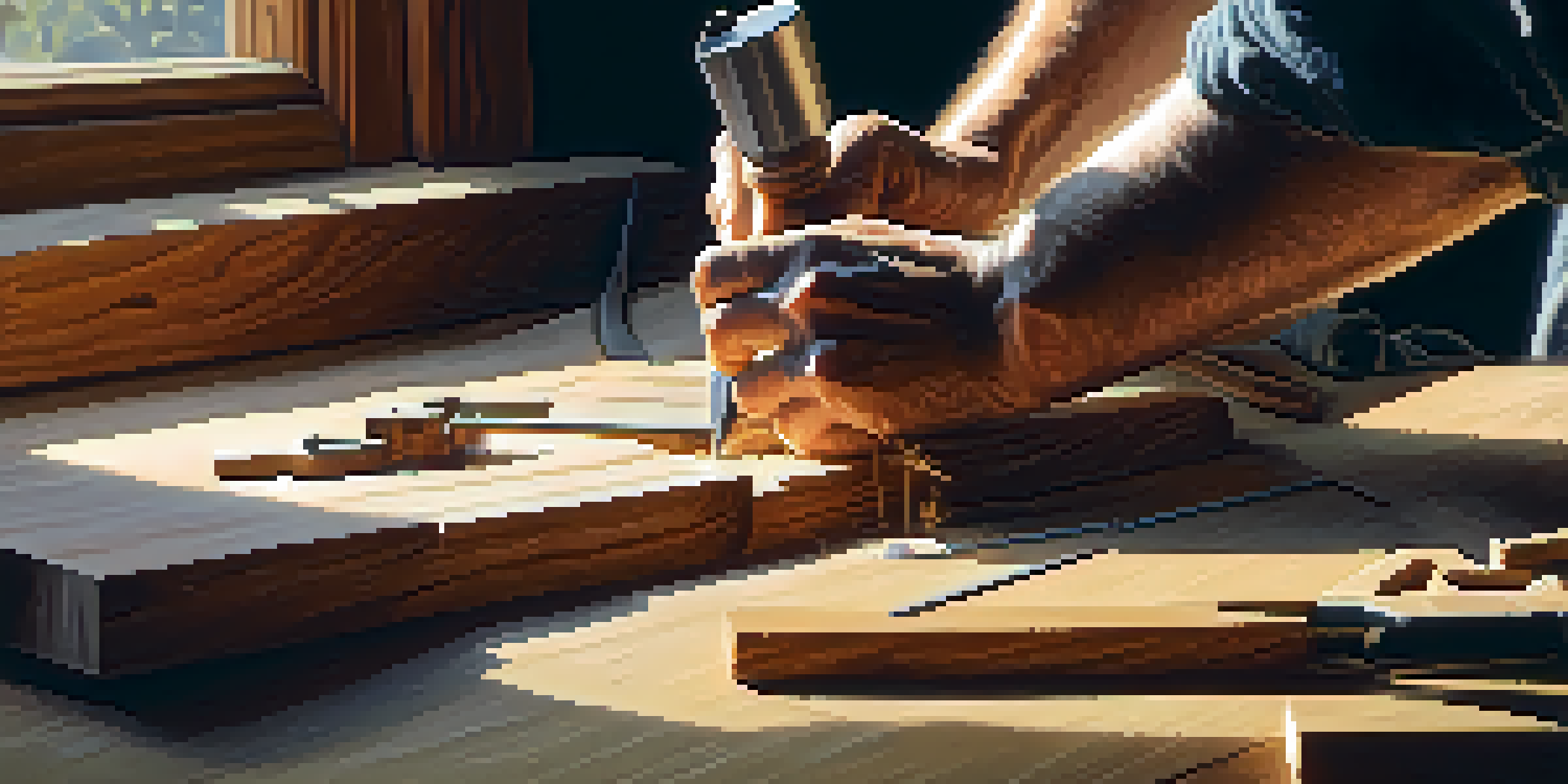 A woodworker using a rotary tool on a carved piece of wood, with intricate designs and a well-lit workshop in the background.
