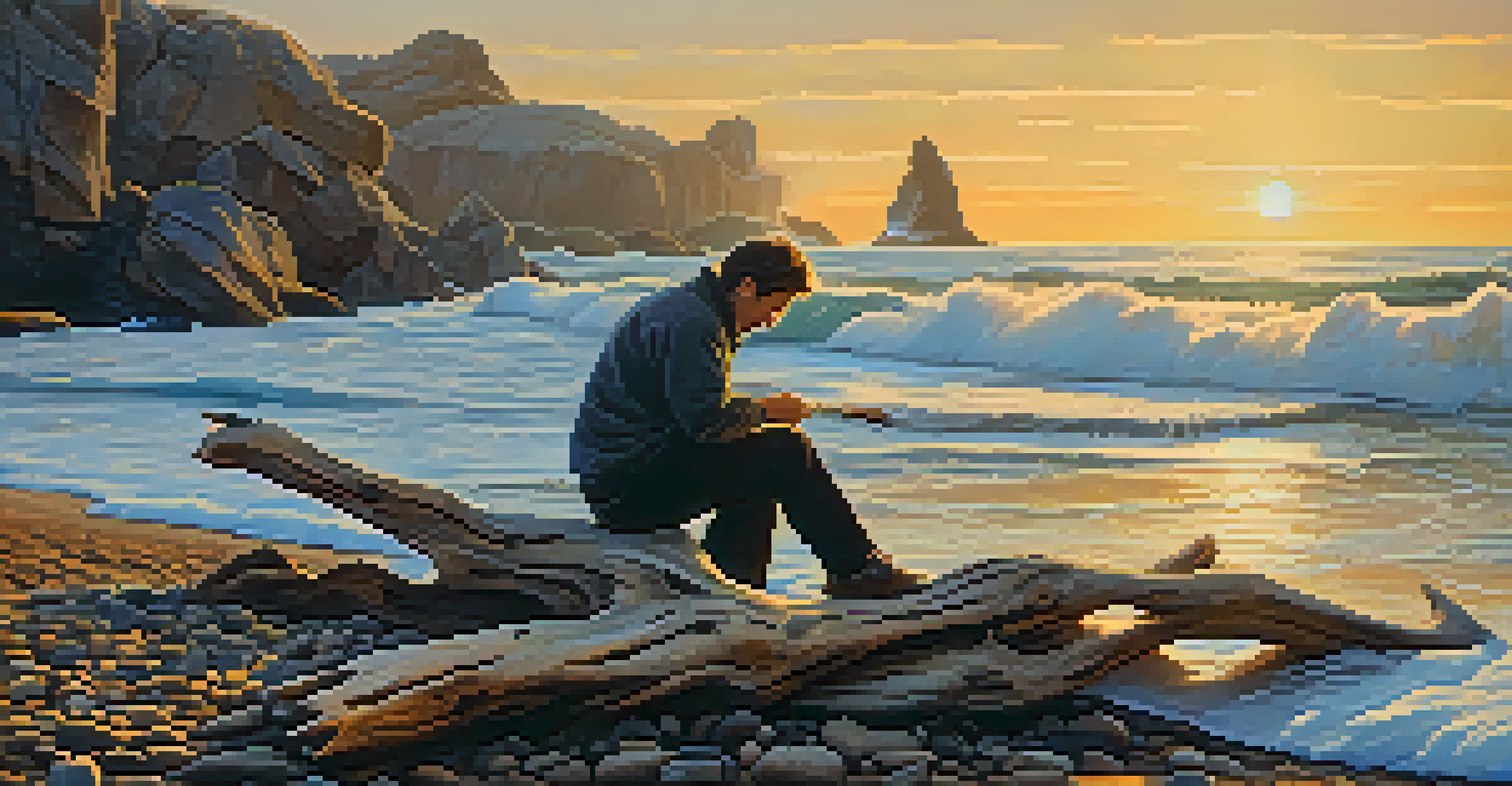 An artist carving driftwood on a beach with ocean waves and a sunset in the background.