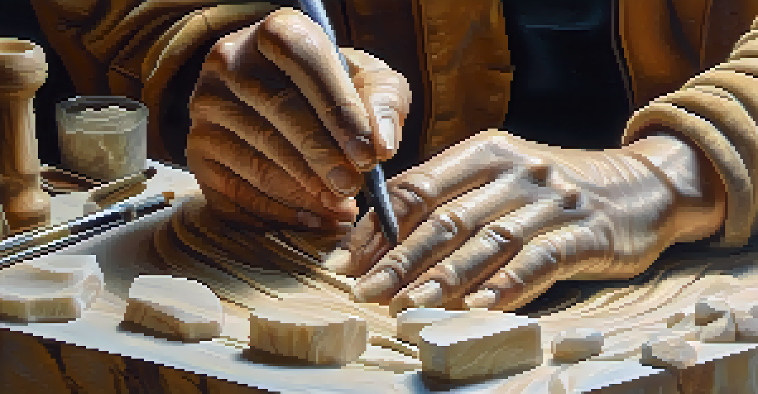 A close-up image of a sculptor's hands working on an alabaster sculpture, showcasing the carving tools and the soft, translucent quality of the stone.