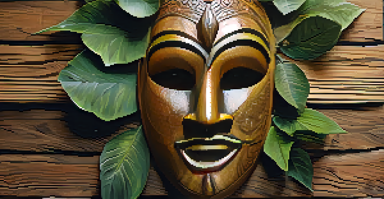 A detailed wooden mask with intricate carvings, set against a rustic background with natural elements.
