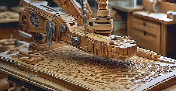A robotic arm is carving a detailed wooden sculpture, showcasing precision and craftsmanship with wood shavings around it.
