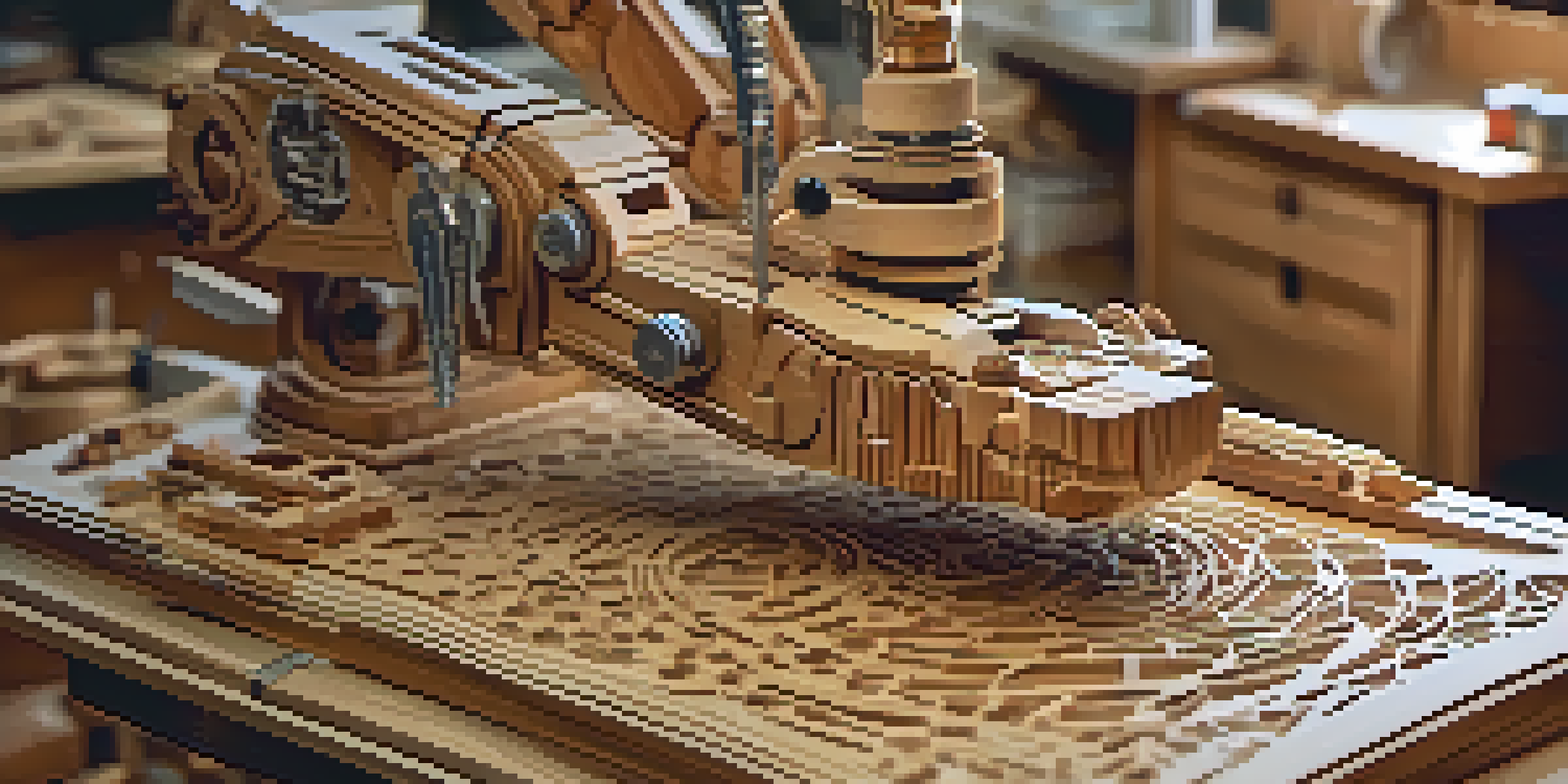 A robotic arm is carving a detailed wooden sculpture, showcasing precision and craftsmanship with wood shavings around it.
