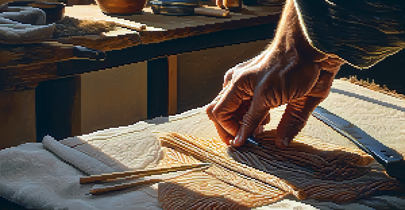 An artisan carving fabric in a sunlit workshop, surrounded by tools, highlighting the craftsmanship and warm colors of the scene.