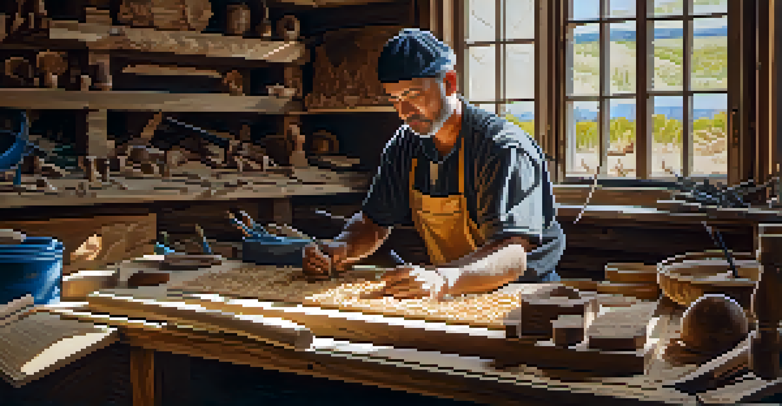 An artisan focused on relief carving, surrounded by tools and wood shavings, illuminated by natural light from a window.