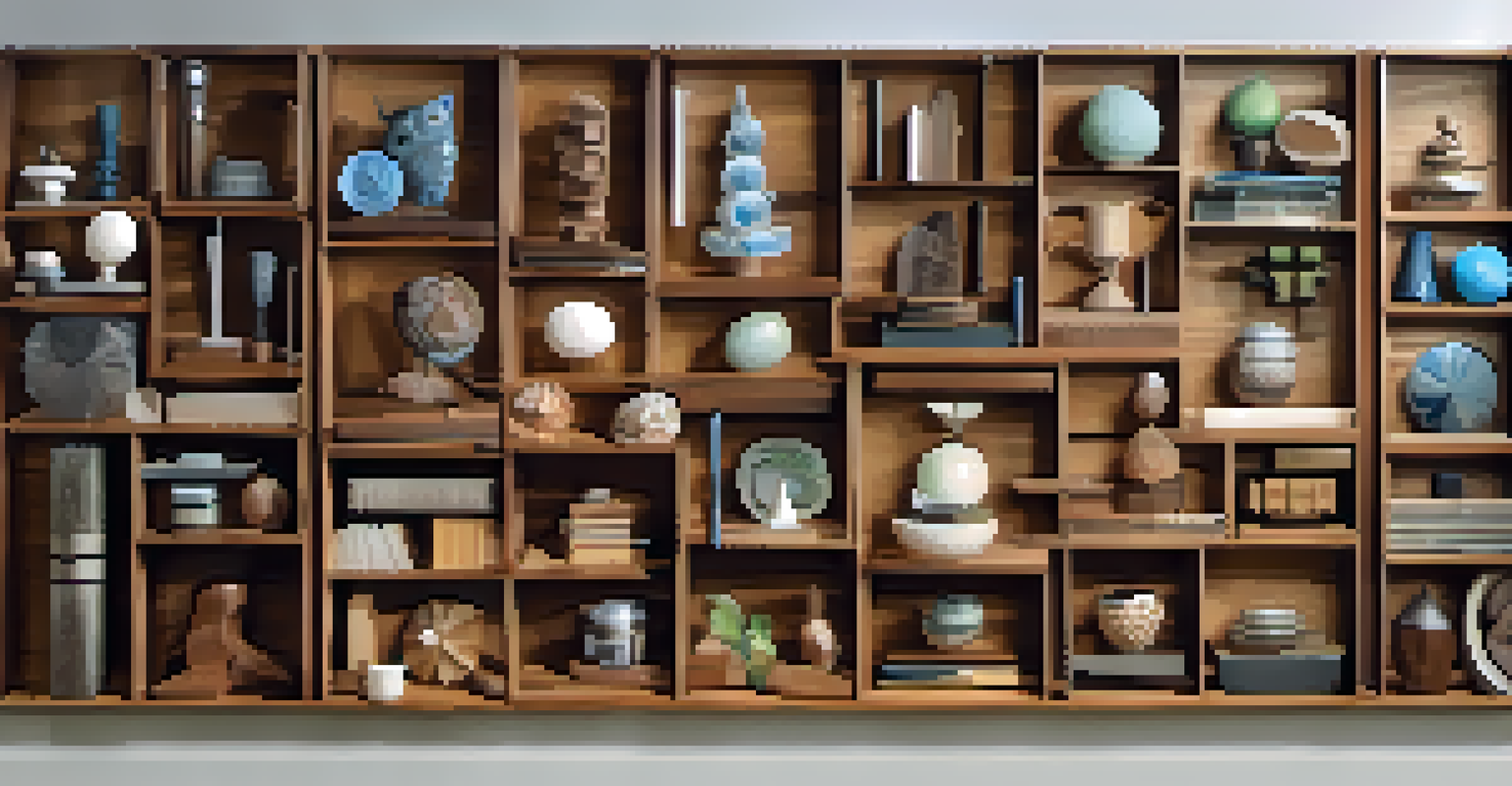 A variety of finished digital carvings made from wood, plastic, and metal are displayed on a wooden table, showcasing their textures and colors.