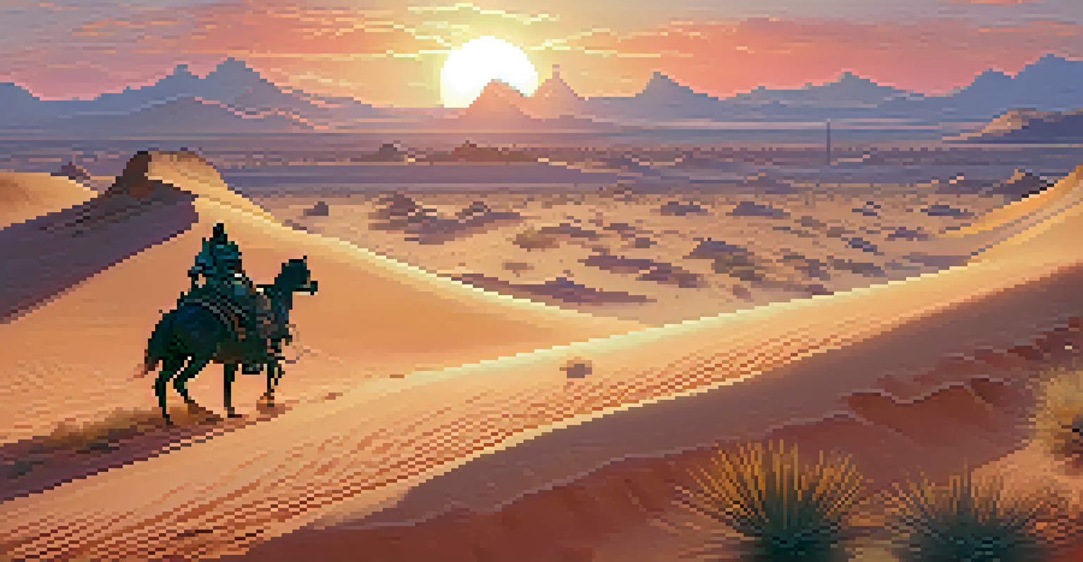 Players interacting with a detailed desert environment at sunset, carving paths and exploring.