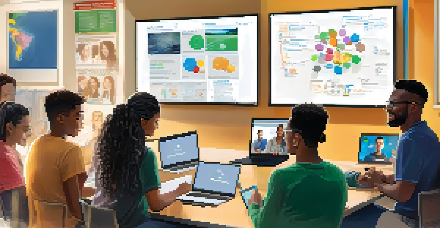 A diverse group of students participating in an online class via video conferencing, surrounded by educational materials.