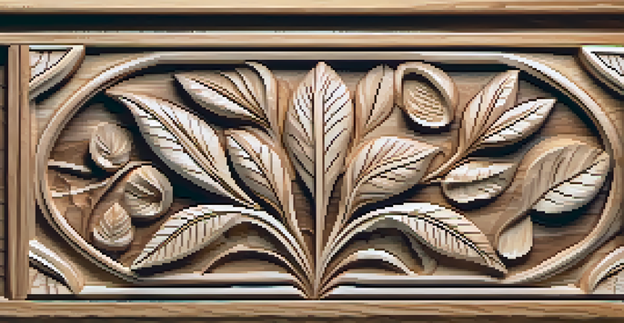 A close-up of a carved wooden box with leaf and flower designs, illuminated by soft sunlight in a forest.