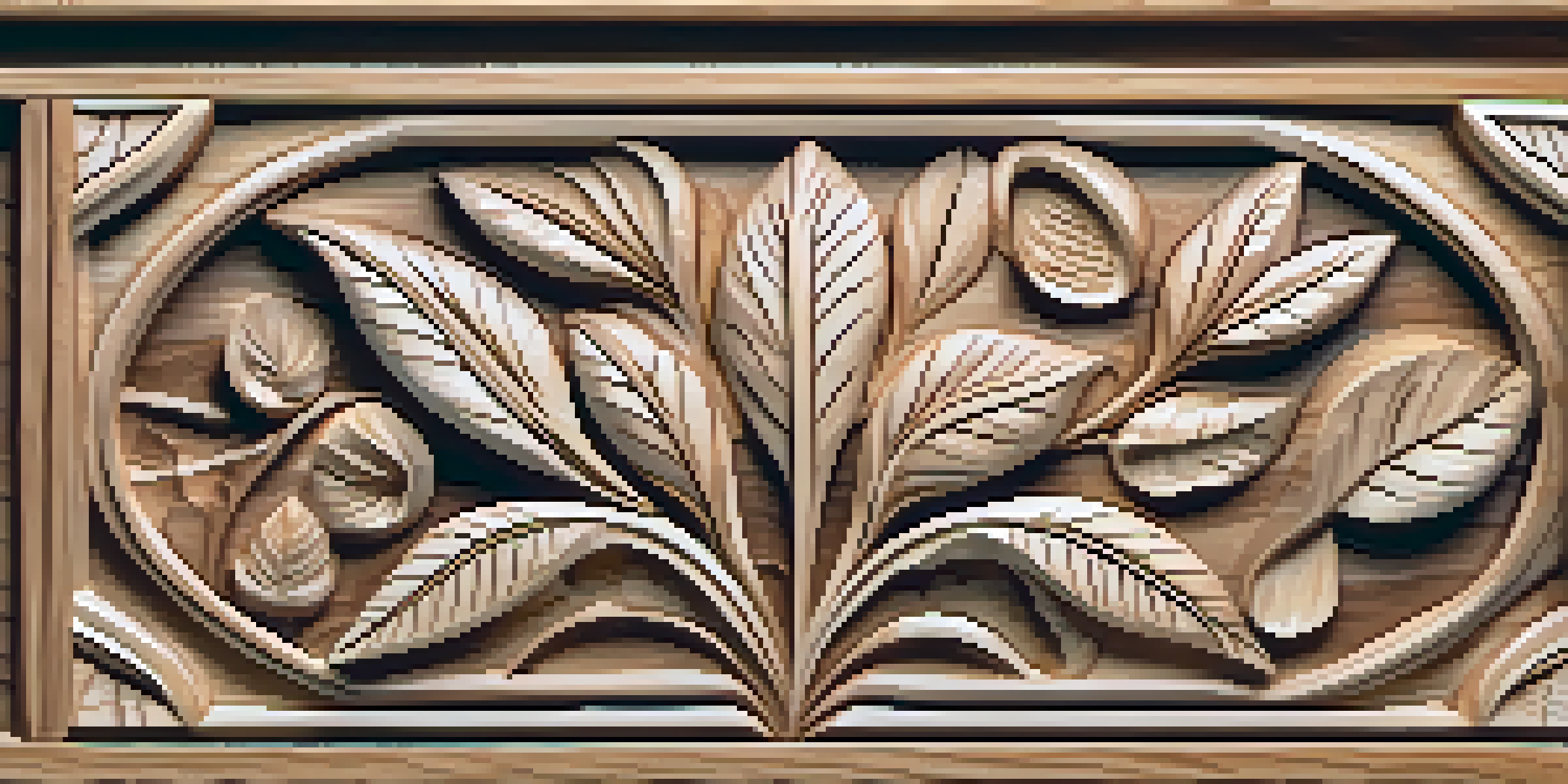 A close-up of a carved wooden box with leaf and flower designs, illuminated by soft sunlight in a forest.