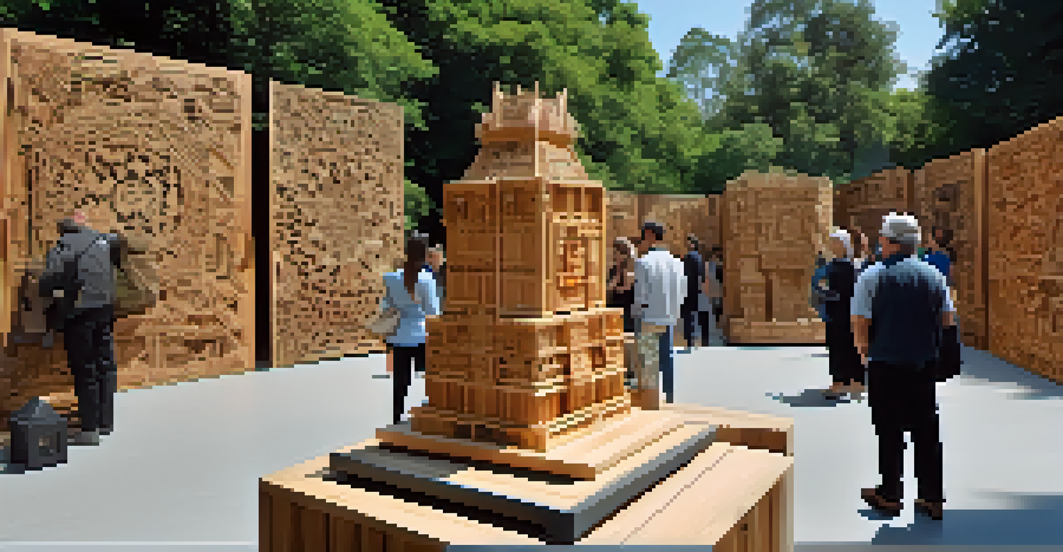 An outdoor exhibition featuring innovative carvings made from sustainable materials, with visitors admiring the art surrounded by greenery.