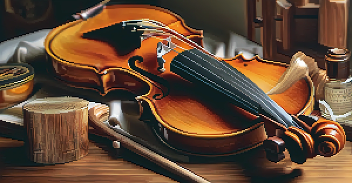 A close-up of a wooden violin in a workshop, highlighting its intricate details and warm lighting.