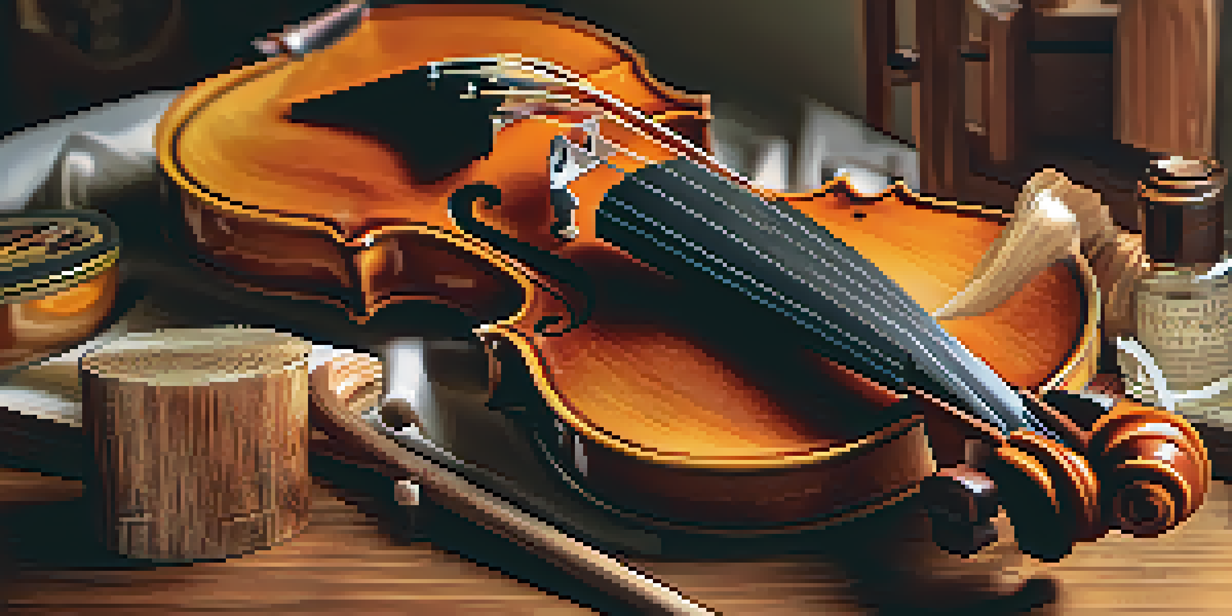 A close-up of a wooden violin in a workshop, highlighting its intricate details and warm lighting.