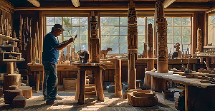 An artisan focuses on carving a wooden totem pole in a workshop, with tools and wood shavings around, illuminated by natural light.