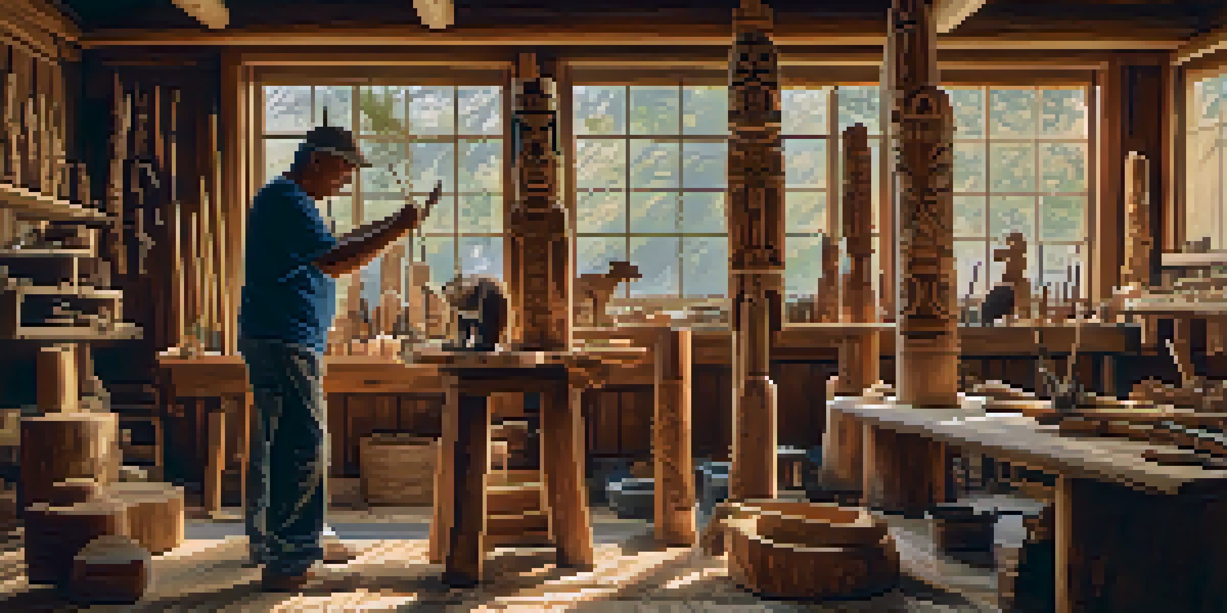 An artisan focuses on carving a wooden totem pole in a workshop, with tools and wood shavings around, illuminated by natural light.