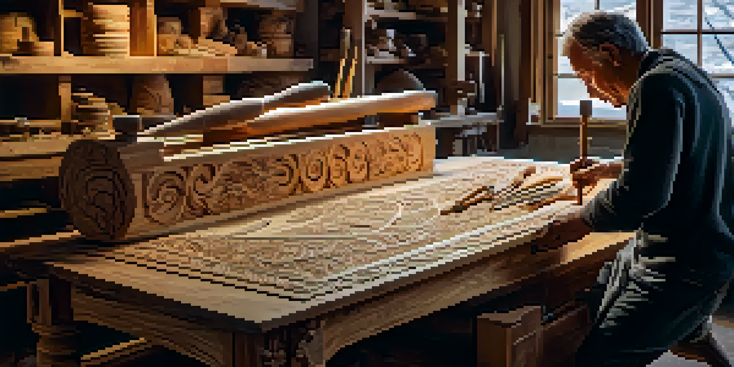 An artisan working on detailed wood carving in a bright workshop, with tools neatly arranged around.