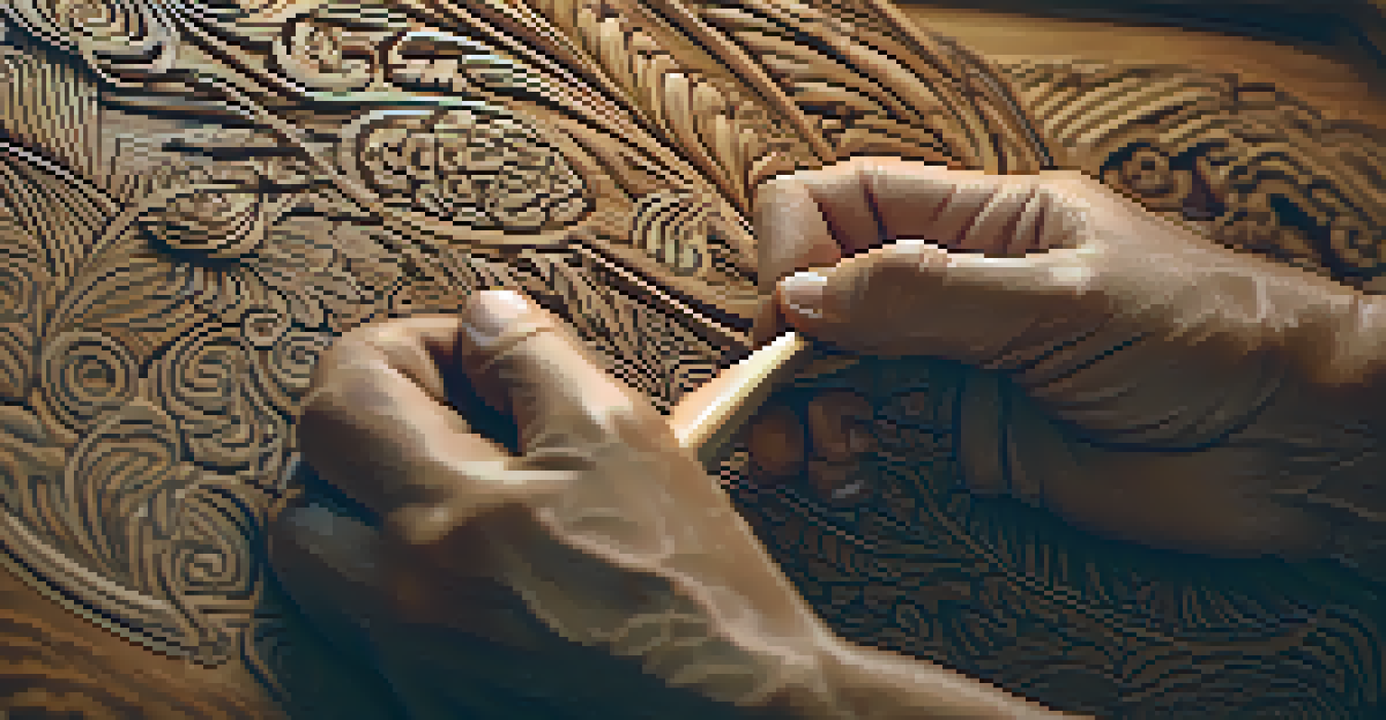 Close-up of hands carving wood, showing intricate patterns and the texture of the wood grain.
