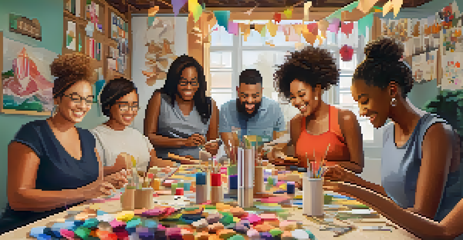 A diverse group of people happily crafting together for charity at a large table filled with supplies, with a banner in the background.