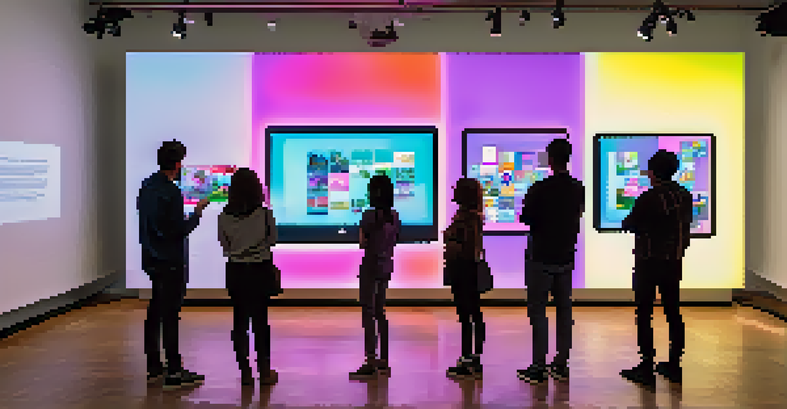 Visitors interacting with a digital art installation in a gallery, using devices to explore social justice themes in augmented reality.