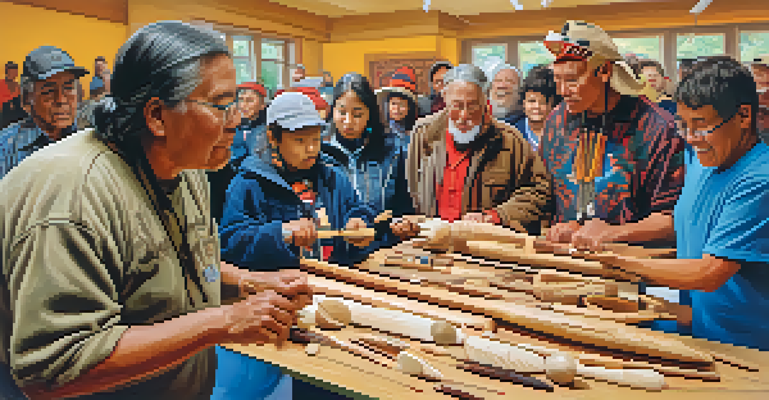 A community carving workshop featuring participants of various ages engaged in creating totem poles and masks, with a warm and inviting atmosphere.