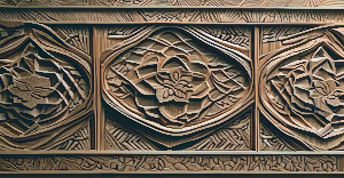 A detailed close-up of a carved wooden surface with intricate patterns, illuminated by soft natural light.