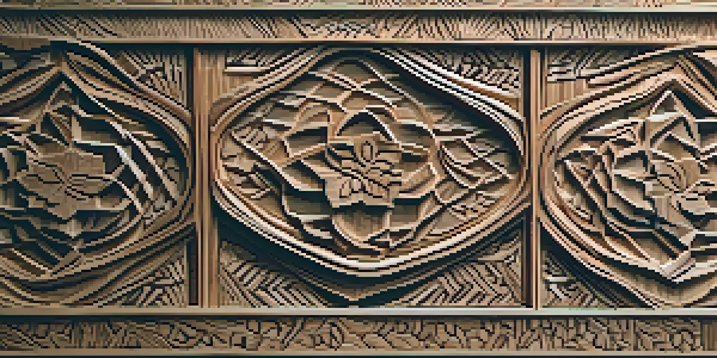A detailed close-up of a carved wooden surface with intricate patterns, illuminated by soft natural light.