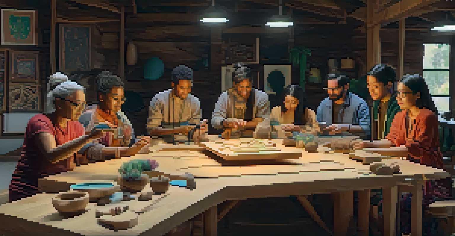 Artists collaborating in a virtual space, sharing wood carving techniques with colorful designs around them.